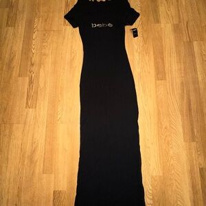 bebe Black Rhinestone Logo Side Slit Maxi Dress